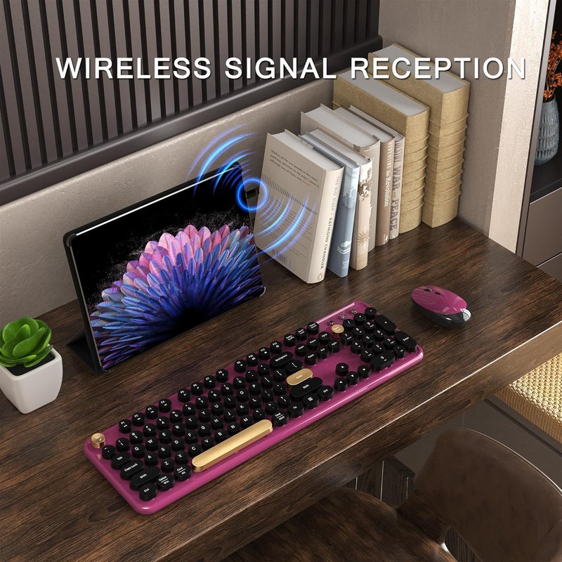 MPTOG Colorful Wireless Computer Keyboard and Mouse Combo with Round Typewriter Keycaps, Retro Design, Power Switch, Ergonomic Design, 2.4GHz Wireless for Windows, Mac, PC（Black-Claret） - Image 2